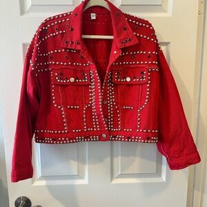 Red Studded Cropped Denim Jacket | Size Small | Statement Jacket